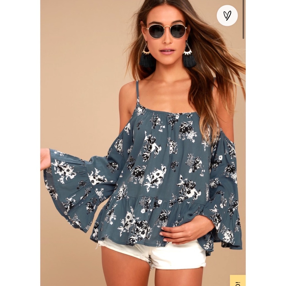Lulus Sunup to Sundown Slate Blue Floral Print Off-the-Shoulder Top